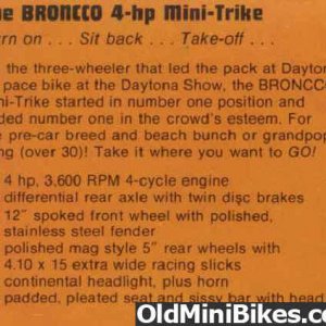 Broncco TX-1 4hp mini trike spec's