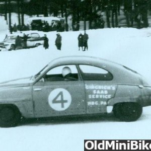 Me racing a Saab 2 stroke on the Ice in the Poconos about 1963